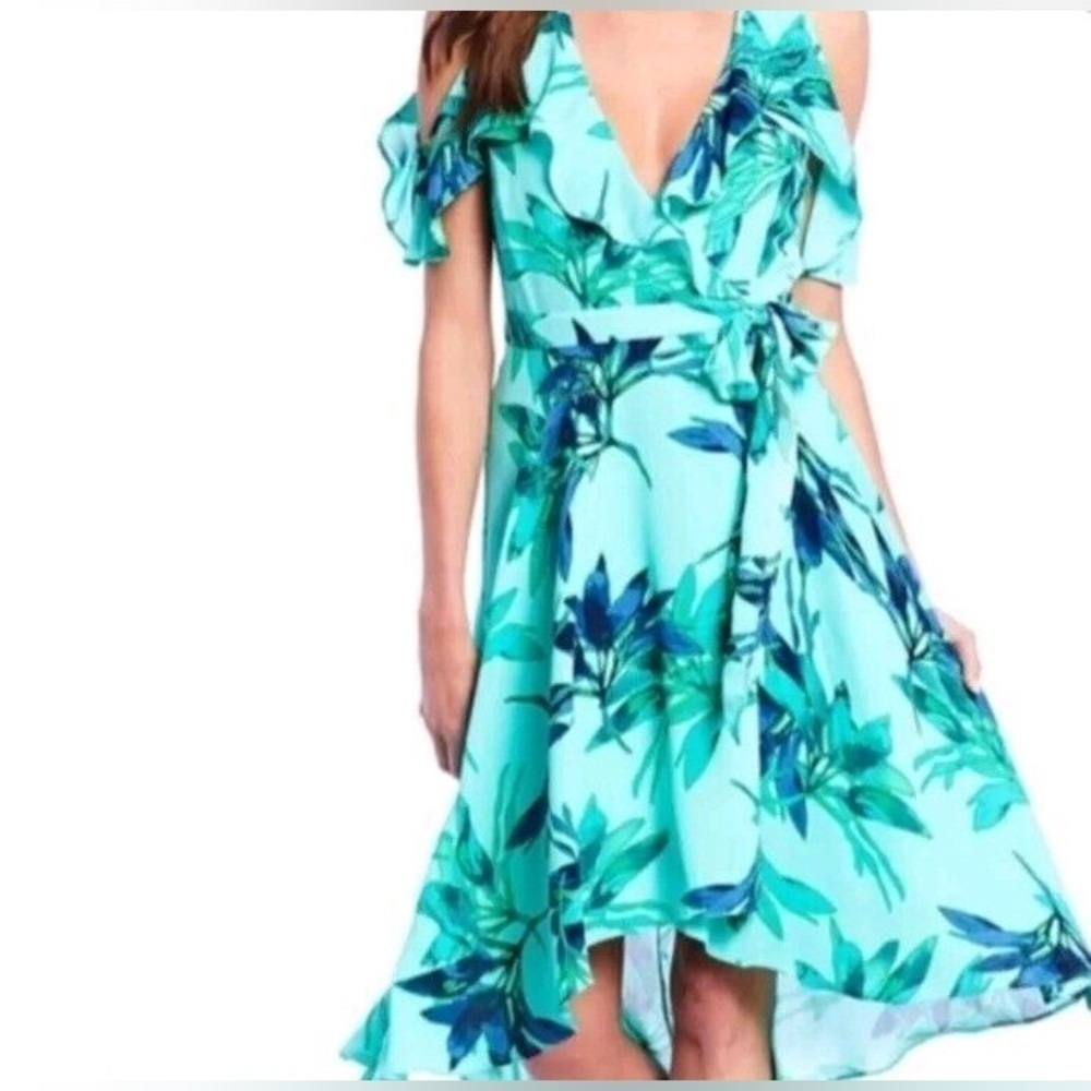Halston Cold Shoulder Wrap in Blue and Mint with Floral Print dress- Small NWT